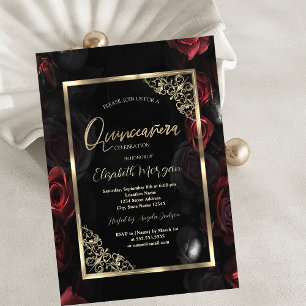 Mörka röda rosor Guld ram Svart Quinceañera Inbjudningar