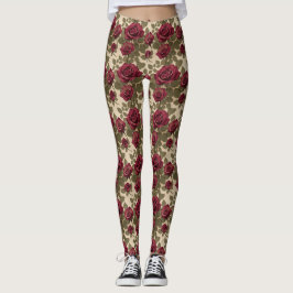 Mörka röda rosor med bleknade gröna blad leggings