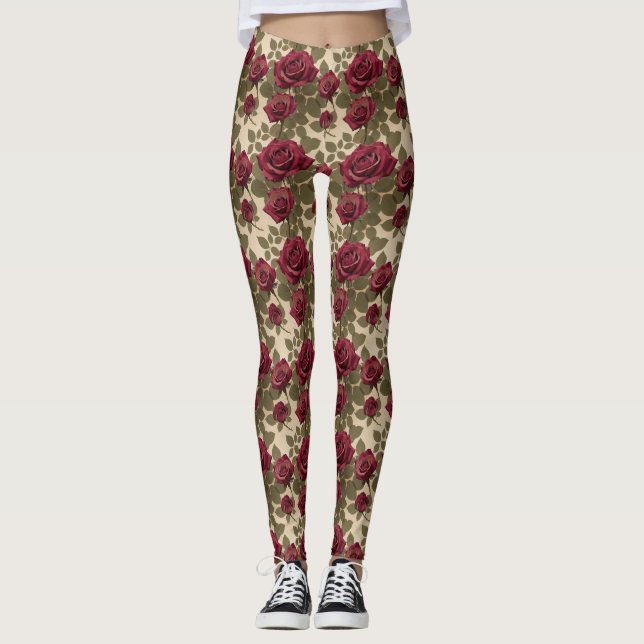 Mörka röda rosor med bleknade gröna blad leggings (Framsida)