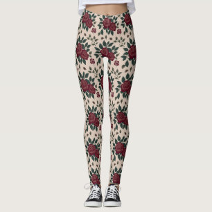 Mörka röda rosor med gröna blad leggings