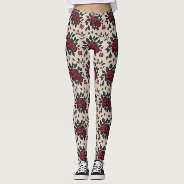 Mörka röda rosor med gröna blad leggings (Framsida)