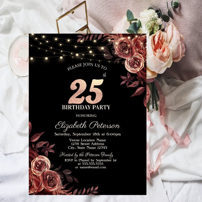 Mörka Röda Rosor, Strängljus Svart 25-års Födelsed Inbjudningar (Skapare uppladdad)