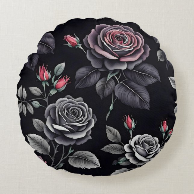 Mörka rosor i rosenskär nyans blommig konstnärlig  rund kudde (Framsidan)