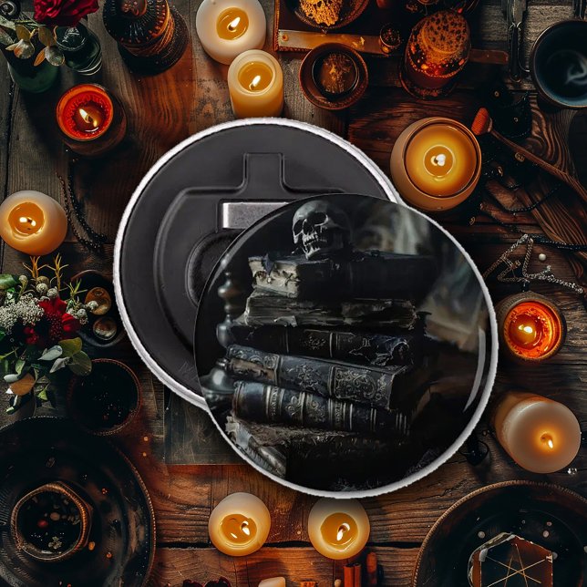 Mörka slitna gamla böcker med dödskalle flasköppnare (Skapare uppladdad)