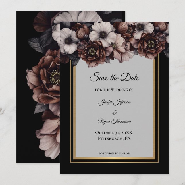 Mörka stämningsfulla blommor bröllop spara datumet meddelande (Fram/baksida)