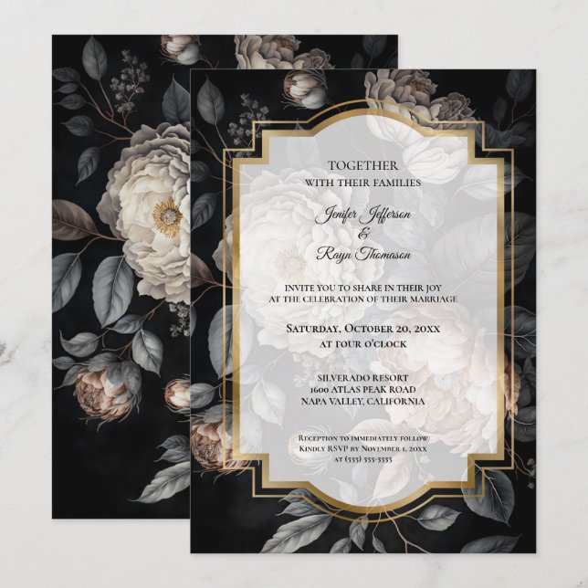Mörka stämningsfulla blommor Foto Gotiskt bröllops Inbjudningar (Fram/baksida)