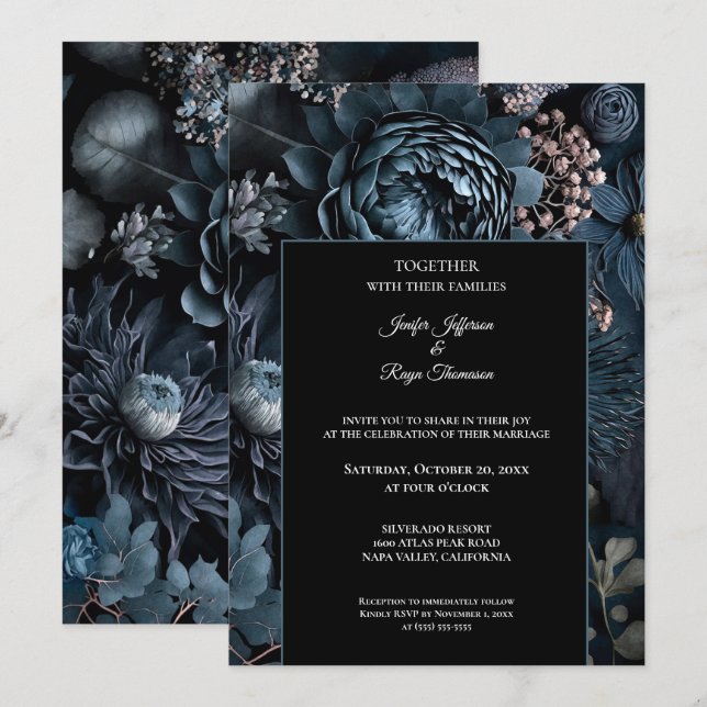 Mörka stämningsfulla blommor Foto Gotiskt bröllops Inbjudningar (Fram/baksida)