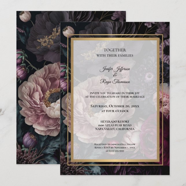 Mörka stämningsfulla blommor Foto Gotiskt bröllops Inbjudningar (Fram/baksida)