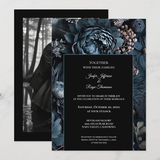 Mörka stämningsfulla blommor Foto Gotiskt bröllops Inbjudningar (Fram/baksida)