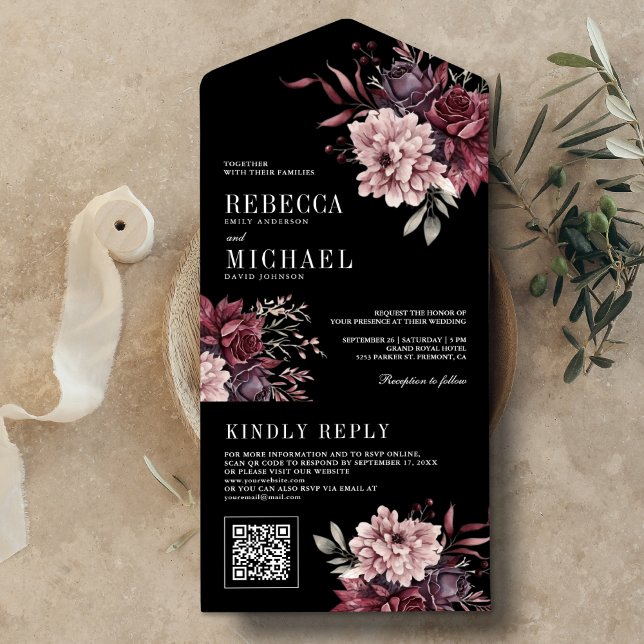 Mörka stämningsfulla blommor Svart QR-kod Bröllop (Skapare uppladdad)