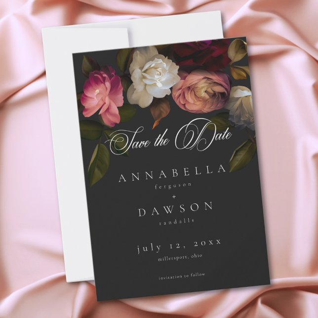 Mörka stämningsfulla burgunderfärgade krämfärgade  spara datumet (Dark Moody Burgundy Cream Peonies Black Save The Date)