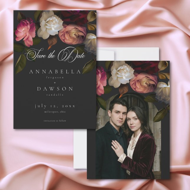 Mörka stämningsfulla burgunderfärgade krämfärgade  spara datumet (Dark Moody Burgundy Cream Peonies Black Photo Save The Date)