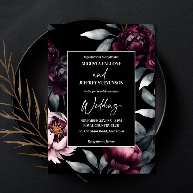 Mörka stämningsfulla burgunderröda blommor elegant inbjudningar (Dark moody burgundy flowers elegant all in one editable template wedding invitation digital download)