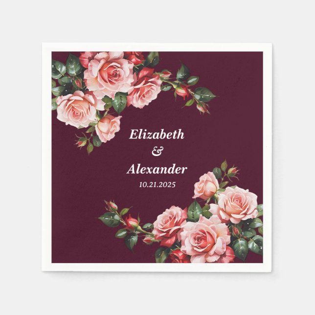 Mörka stämningsfulla rosa och röda rosor burgunder pappersservett (Framsidan)