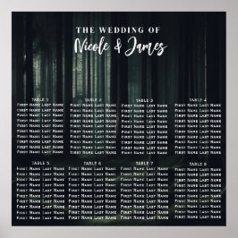 Mörka stämningsfulla skogsträd vid skymningsbröllo poster