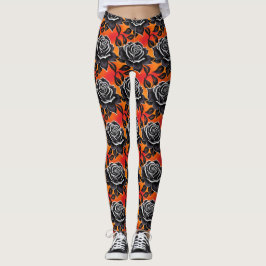 Mörka Svarta Rosor Med Vita Konturer Leggings