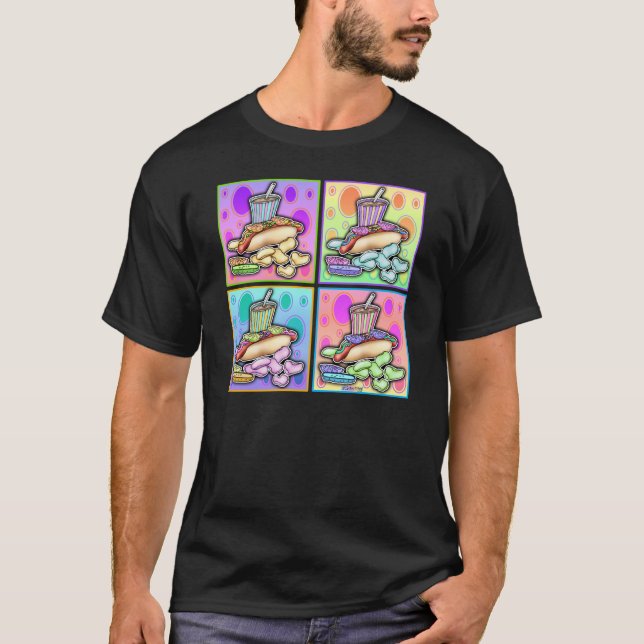 Mörka T-shirts - Pop Art Hot Dog med Chips och en  (Framsida)