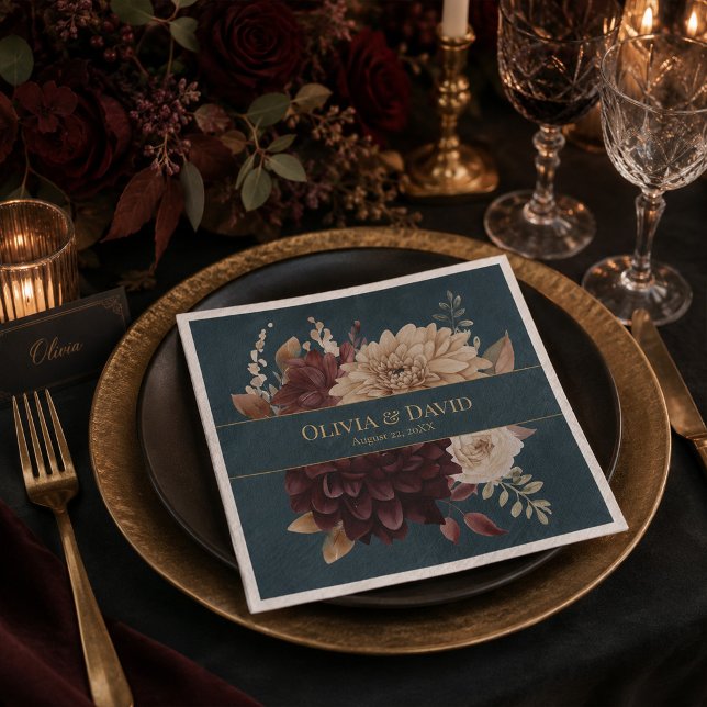 Mörka Tealblommiga Gotiska Bröllopsservetter Pappersservett (Dark Teal Floral Gothic Wedding Napkins)