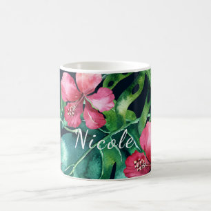 Mörka tropiska palmlöv Hibiskus Blommig Ö Kaffemugg