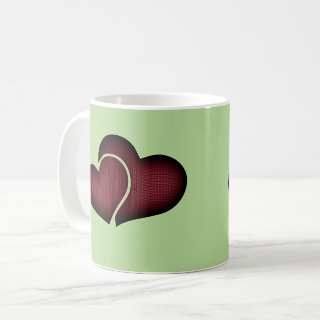 Mörka vinröda dubbla korsstreckade hjärtan kaffemugg (Framsida vänster)