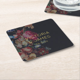 Mörka Vintage Blommiga Personliga Bröllops Coaster Underlägg Papper Kvadrat