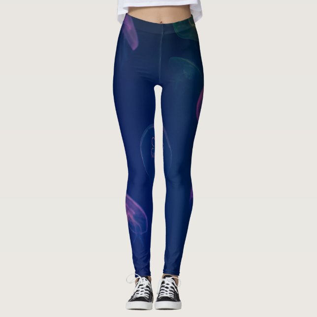 Mörkblå abstrakta Leggings med Rosa Lila Accent (Framsida)