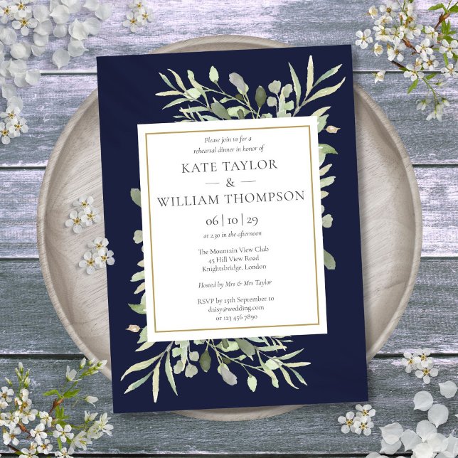 Mörkblå akvarellgrönska för repetitionsmiddag inbjudningar (Navy Blue Watercolor Greenery Rehearsal Dinner Invitation)