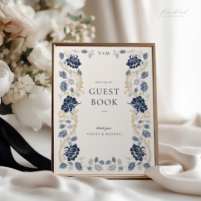 Mörkblå Art Nouveau bröllopsgästboksskylt Poster (Navy Blue Floral Art Nouveau Wedding Guest Book Sign)