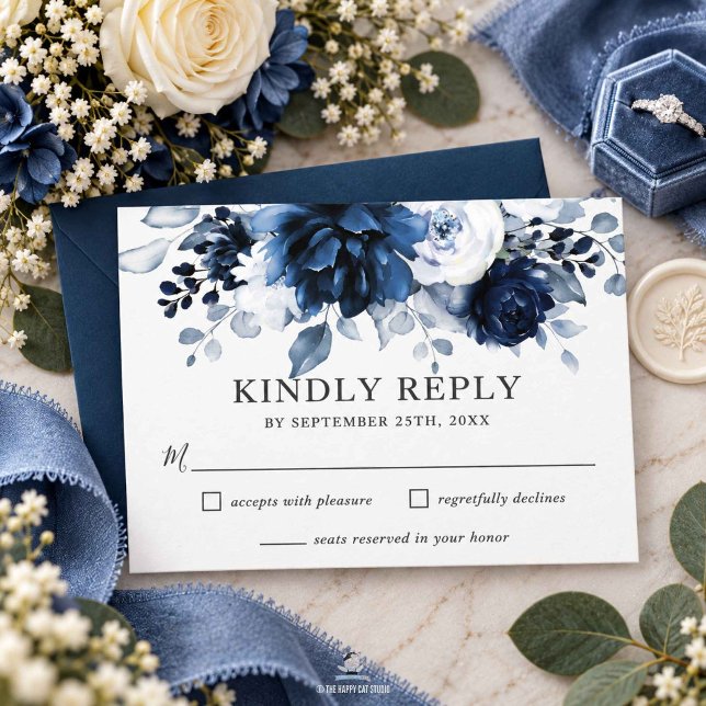 Mörkblå Blommig Bröllops-Svarskort OSA Kort (Navy Blue Floral Wedding RSVP Card)