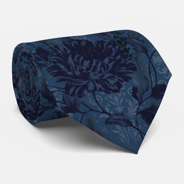 Mörkblå Blommig Damast Aristokratisk Bröllop Slips (Rullad)
