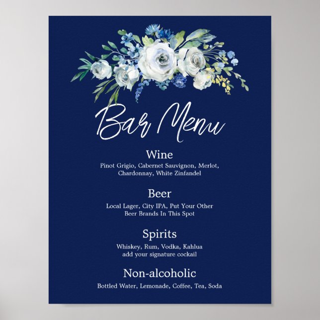 Mörkblå Blommig Modern VinterHochskalekort Meny Poster (Framsidan)