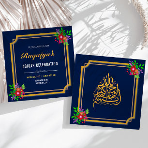 Mörkblå Blommig Ram Baby Flicka Aqiqah Inbjudningar