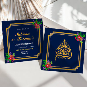 Mörkblå Blommig Ram Islamisk Muslim Förlovning Inbjudningar