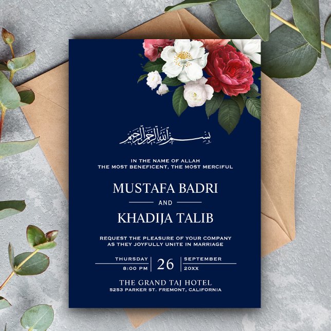 Mörkblå blomsterbukett islamsk muslimsk bröllop inbjudningar (Skapare uppladdad)