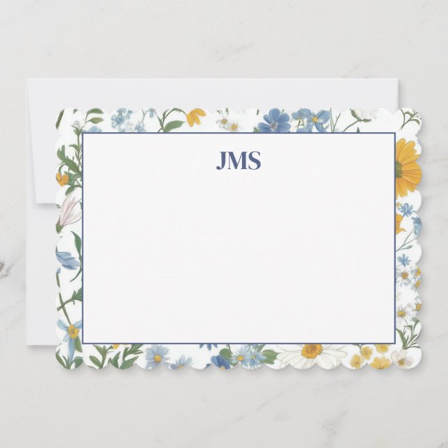 Mörkblå blomsterkant monogram papper anteckningskort (Framsida)