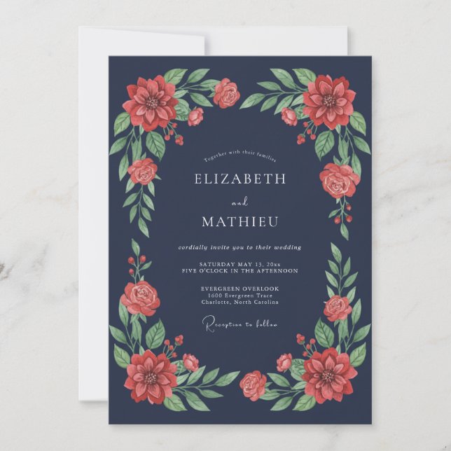 Mörkblå Botanisk Bröllopsstämning Inbjudningar (Framsida)