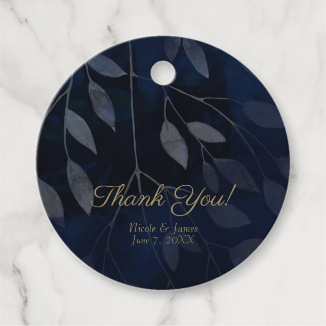 Mörkblå Botaniska Blad Modern Chic Bröllop Gåvor Etiketter (Framsida)