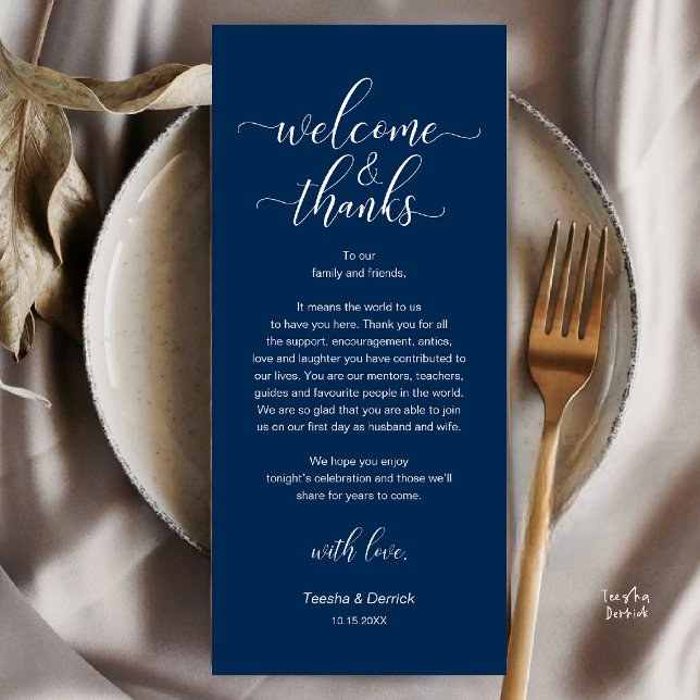 Mörkblå Bröllops Bordkort Tack Kort (Welcome and Thanks, Wedding Dinner Place Setting Thank You Card in Navy Blue)