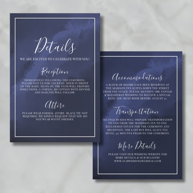 Mörkblå bröllopsdetaljer tilläggskort (Elegant Navy Blue Wedding Details Enclosure Card)
