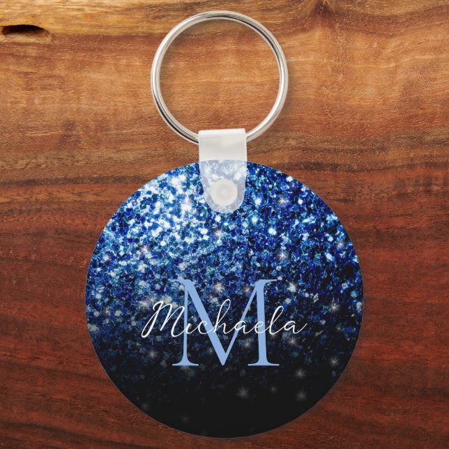 Mörkblå djup glänsande falsk glitter glitter Monog Nyckelring (Framsida)