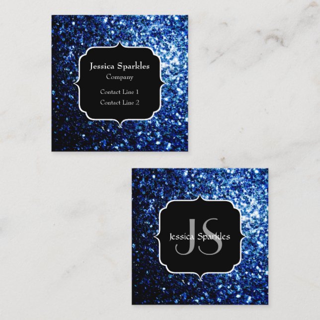 Mörkblå djup glänsande falsk glitter glitterblixt  fyrkantigt visitkort (Fram/baksida)