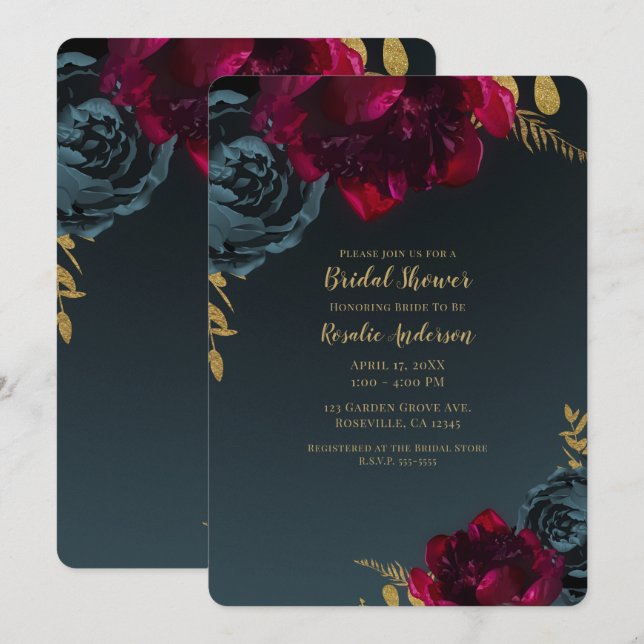 Mörkblå dyster blomster- och grönskedekoration för inbjudningar (Fram/baksida)
