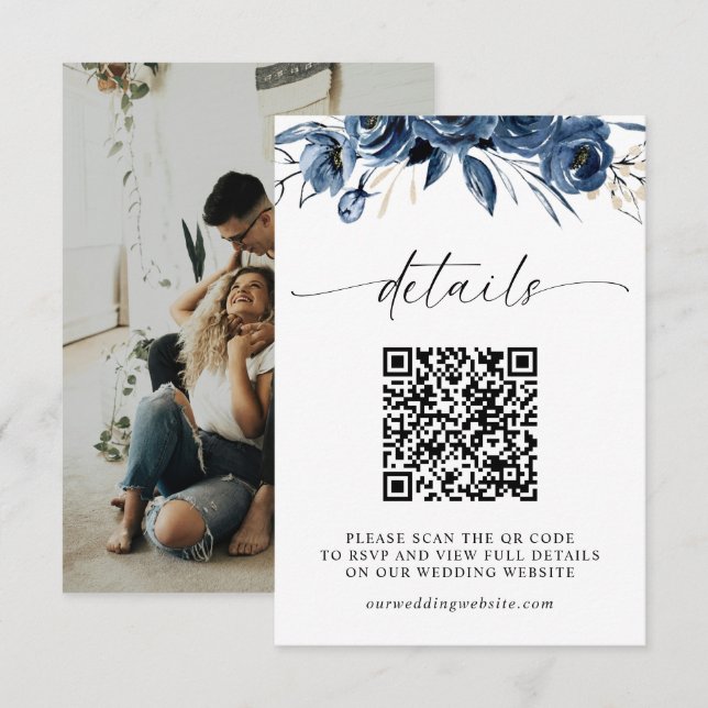 Mörkblå Eleganta Foto QR-kod RSVP Bröllop Tilläggskort (Fram/baksida)