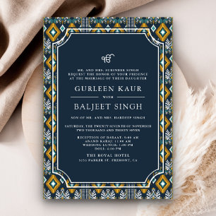 Mörkblå Gul Ikat Anand Karaj Sikh Bröllop Inbjudningar