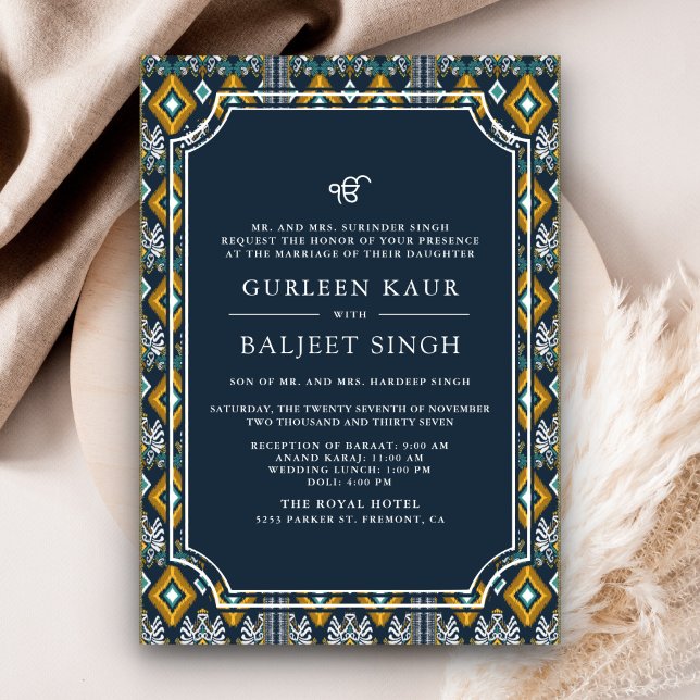 Mörkblå Gul Ikat Anand Karaj Sikh Bröllop Inbjudningar (Skapare uppladdad)