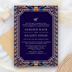 Mörkblå Gul Ikat Anand Karaj Sikh Bröllop Inbjudningar
