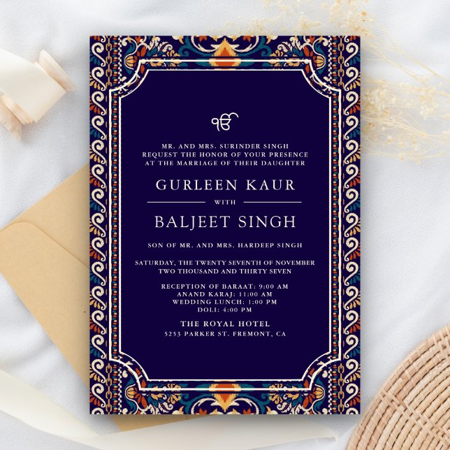Mörkblå Gul Ikat Anand Karaj Sikh Bröllop Inbjudningar (Skapare uppladdad)