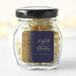 Mörkblå Guld Glitter Kant Bröllop Fyrkantigt Klistermärke