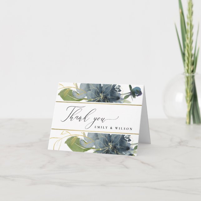 MÖRKBLÅ GULD GRÖN BLOMSTER AKVARELL BRÖLLLOP TACK KORT (Framsida)