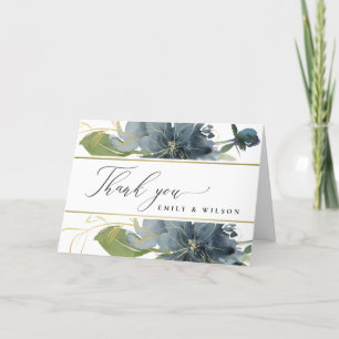 MÖRKBLÅ GULD GRÖN BLOMSTER AKVARELL BRÖLLLOP TACK KORT